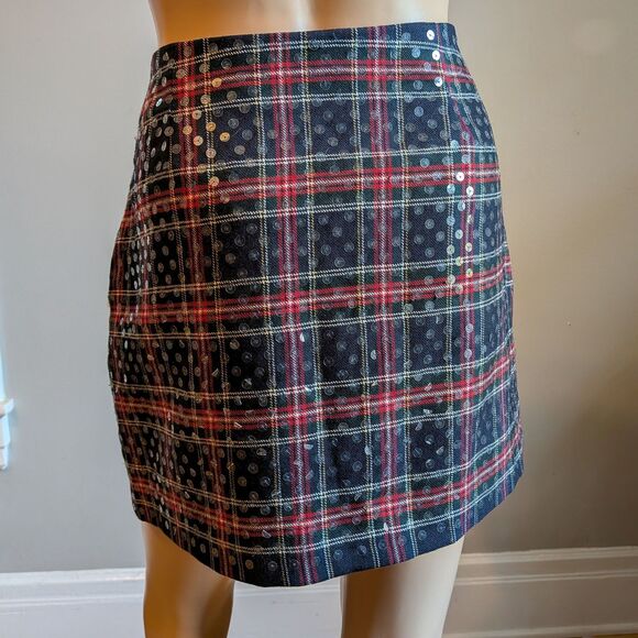Vintage Y2K Express Sequin Plaid Mini Skirt Wool Dark Academia Clueless Size 7/8 - Picture 3 of 10